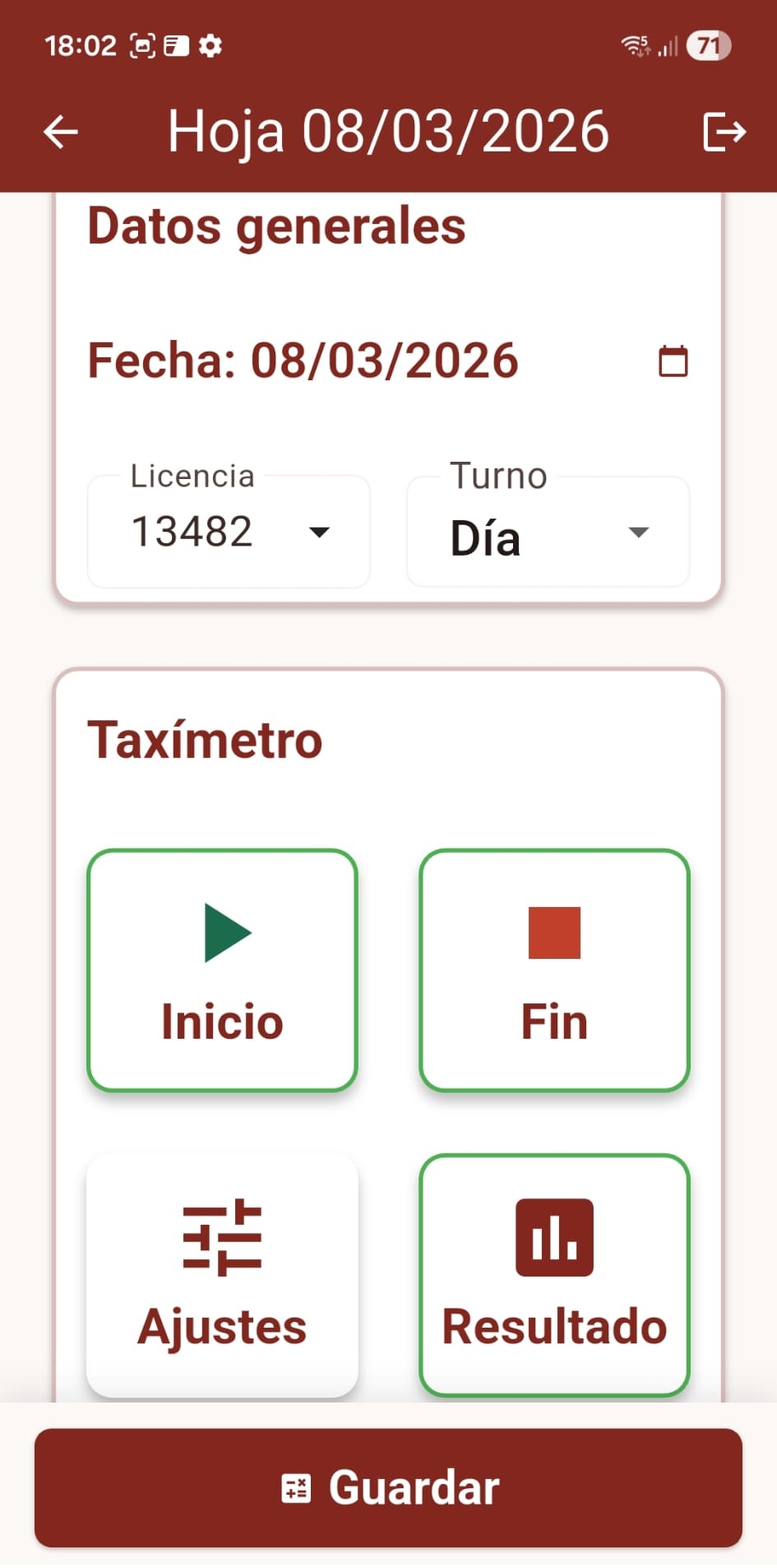 Pantalla principal de una hoja de trabajo en APP-TAXI