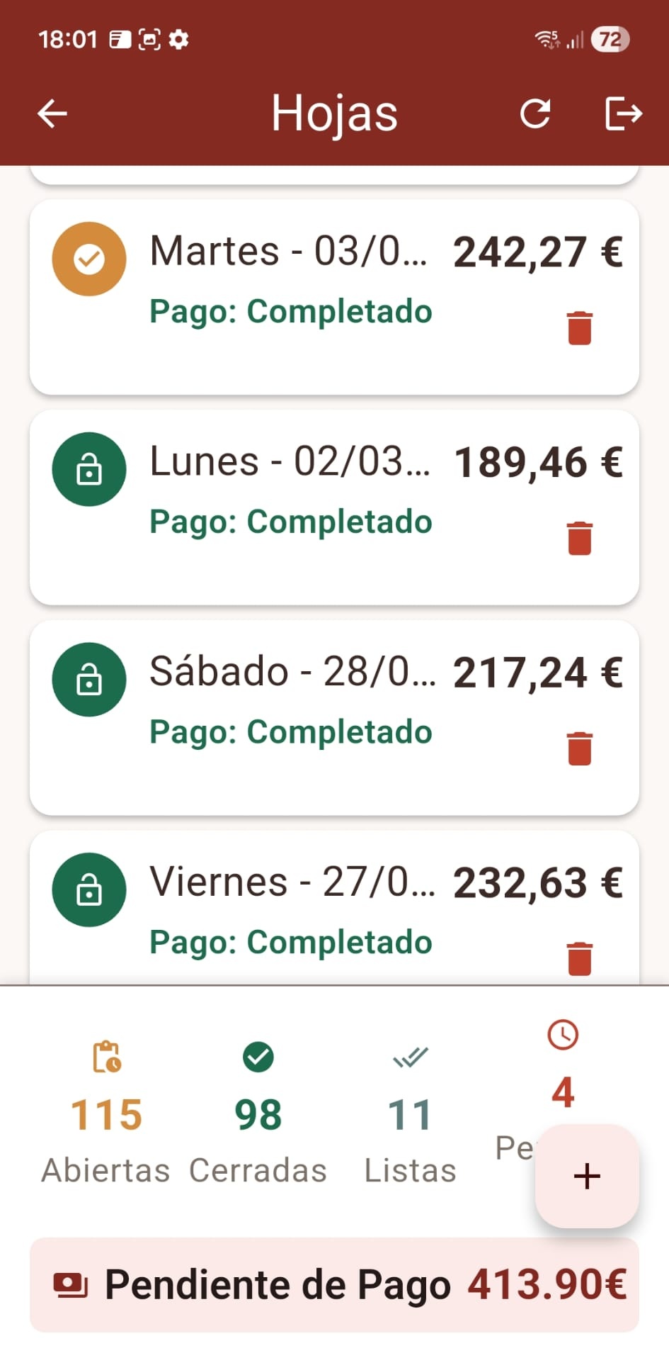 Listado de hojas y registros en APP-TAXI