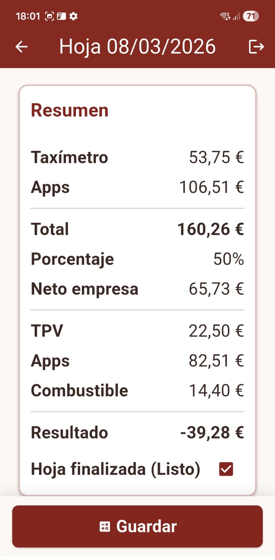 Resumen final de una hoja de trabajo en APP-TAXI