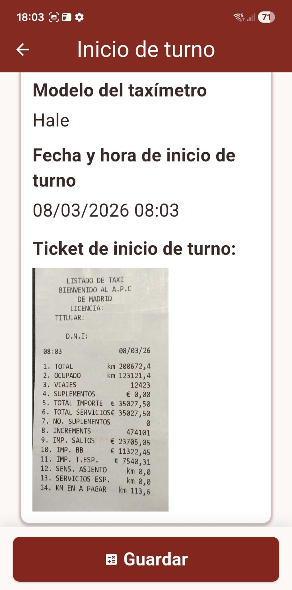 Pantalla de inicio de turno en APP-TAXI